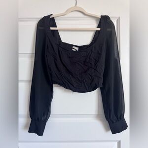 Urban Outfitters Women’s Cropped Long Sleeve Top Black with Sheer Sleeves